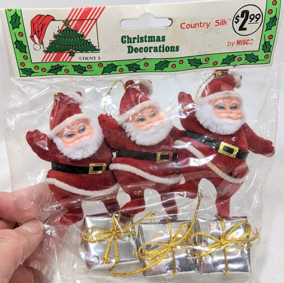 Vintage Flocked Santa Ornaments New Set Of Three